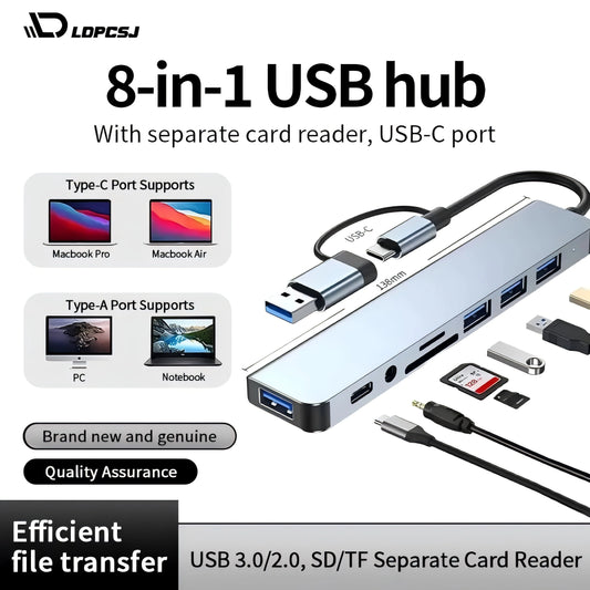 8 in 1 in 1 USB Type C Hub Docking Station with 3.5mm Audio Jack Micro SD Card Reader for Laptop Tablet Phone Disk Converter